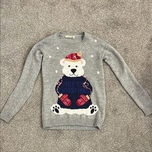 Gray Crew Neck Sweater with Red Accents and Bear Design